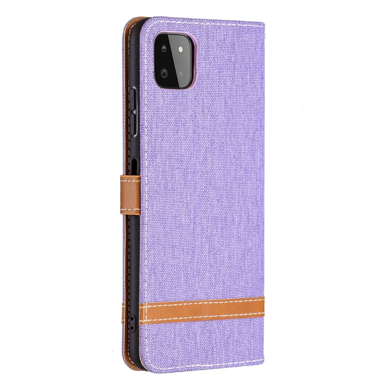 For Samsung Galaxy A22 5G Color Matching Denim Texture Horizontal Flip Leather Case with Holder & Card Slots & Wallet & Lanyard(Purple) by buy2fix