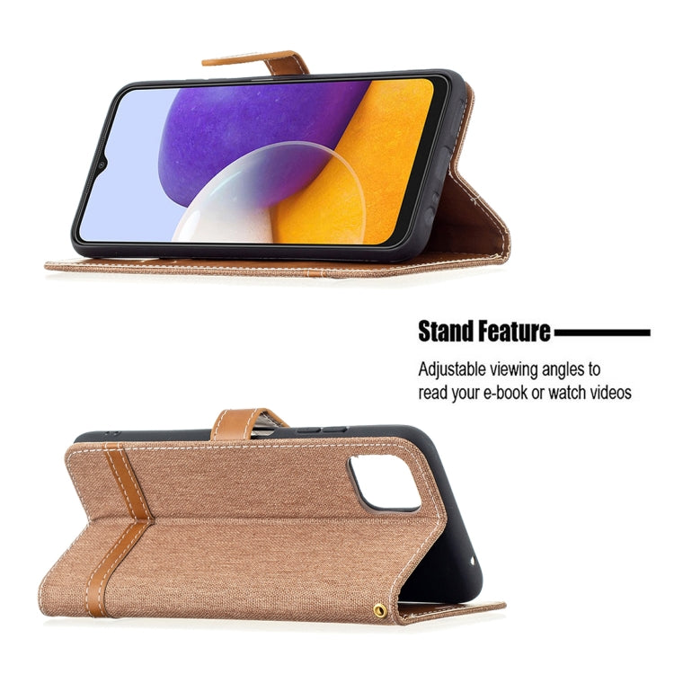 For Samsung Galaxy A22 5G Color Matching Denim Texture Horizontal Flip Leather Case with Holder & Card Slots & Wallet & Lanyard(Brown) by buy2fix