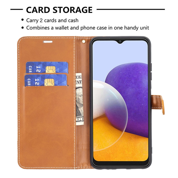 For Samsung Galaxy A22 5G Color Matching Denim Texture Horizontal Flip Leather Case with Holder & Card Slots & Wallet & Lanyard(Brown) by buy2fix
