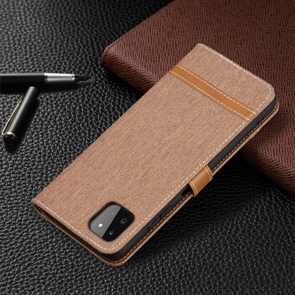 For Samsung Galaxy A22 5G Color Matching Denim Texture Horizontal Flip Leather Case with Holder & Card Slots & Wallet & Lanyard(Brown) by buy2fix