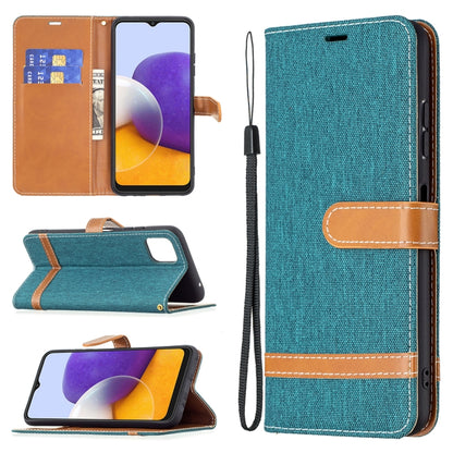 For Samsung Galaxy A22 5G Color Matching Denim Texture Horizontal Flip Leather Case with Holder & Card Slots & Wallet & Lanyard(Green) - Galaxy Phone Cases by buy2fix | Online Shopping UK | buy2fix