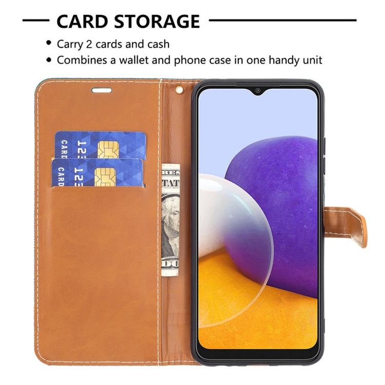 For Samsung Galaxy A22 5G Color Matching Denim Texture Horizontal Flip Leather Case with Holder & Card Slots & Wallet & Lanyard(Green) - Galaxy Phone Cases by buy2fix | Online Shopping UK | buy2fix
