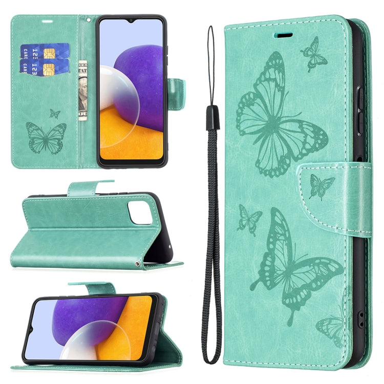 For Samsung Galaxy A22 5G Embossing Two Butterflies Pattern Horizontal Flip PU Leather Case with Holder & Card Slot & Wallet & Lanyard(Green) by buy2fix