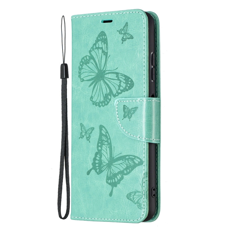 For Samsung Galaxy A22 5G Embossing Two Butterflies Pattern Horizontal Flip PU Leather Case with Holder & Card Slot & Wallet & Lanyard(Green) by buy2fix