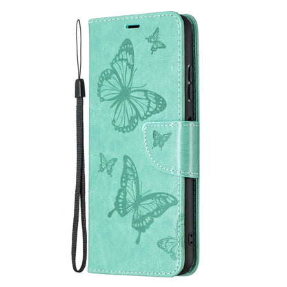 For Samsung Galaxy A22 5G Embossing Two Butterflies Pattern Horizontal Flip PU Leather Case with Holder & Card Slot & Wallet & Lanyard(Green) by buy2fix