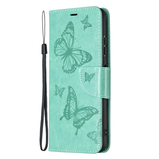 For Samsung Galaxy A22 5G Embossing Two Butterflies Pattern Horizontal Flip PU Leather Case with Holder & Card Slot & Wallet & Lanyard(Green) by buy2fix