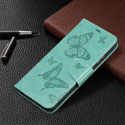 For Samsung Galaxy A22 5G Embossing Two Butterflies Pattern Horizontal Flip PU Leather Case with Holder & Card Slot & Wallet & Lanyard(Green) by buy2fix