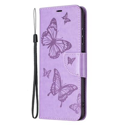 For Samsung Galaxy A22 5G Embossing Two Butterflies Pattern Horizontal Flip PU Leather Case with Holder & Card Slot & Wallet & Lanyard(Purple) by buy2fix