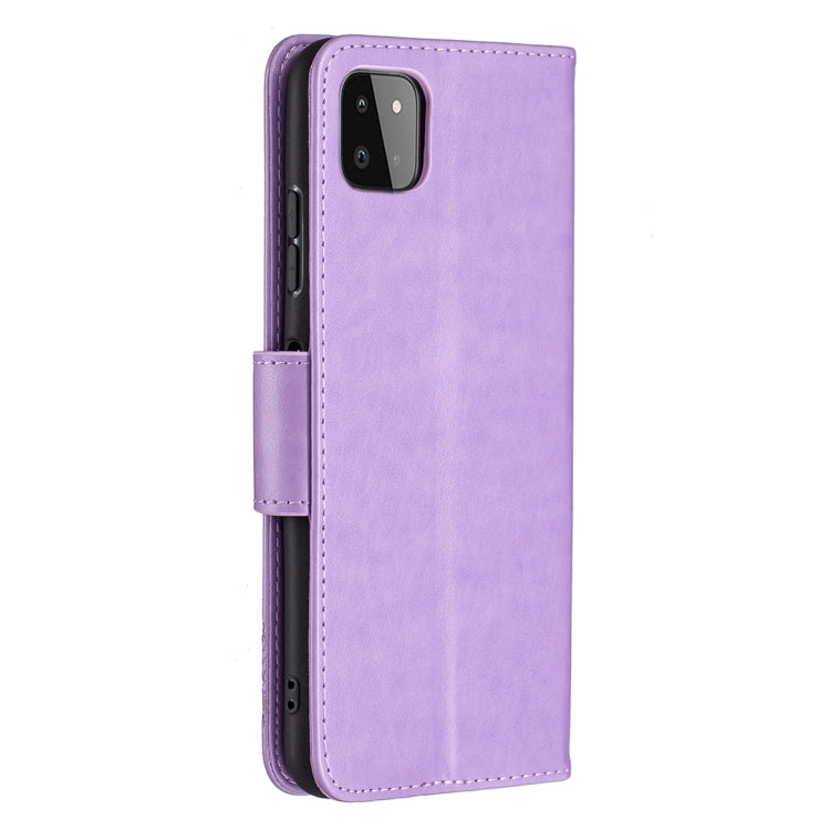For Samsung Galaxy A22 5G Embossing Two Butterflies Pattern Horizontal Flip PU Leather Case with Holder & Card Slot & Wallet & Lanyard(Purple) by buy2fix