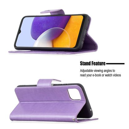 For Samsung Galaxy A22 5G Embossing Two Butterflies Pattern Horizontal Flip PU Leather Case with Holder & Card Slot & Wallet & Lanyard(Purple) by buy2fix
