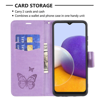For Samsung Galaxy A22 5G Embossing Two Butterflies Pattern Horizontal Flip PU Leather Case with Holder & Card Slot & Wallet & Lanyard(Purple) by buy2fix