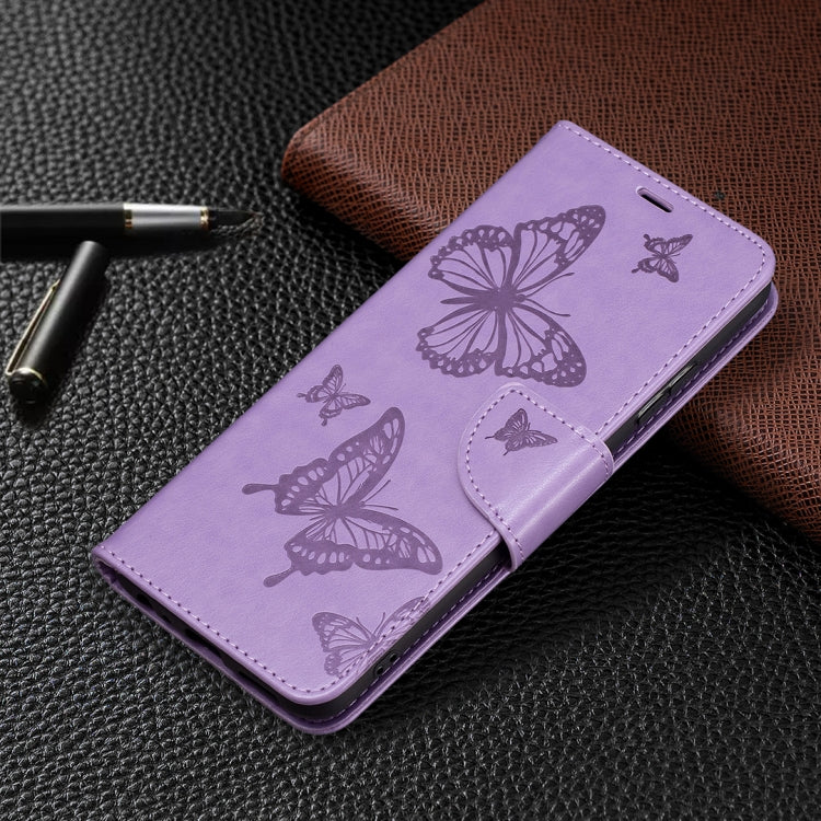 For Samsung Galaxy A22 5G Embossing Two Butterflies Pattern Horizontal Flip PU Leather Case with Holder & Card Slot & Wallet & Lanyard(Purple) by buy2fix
