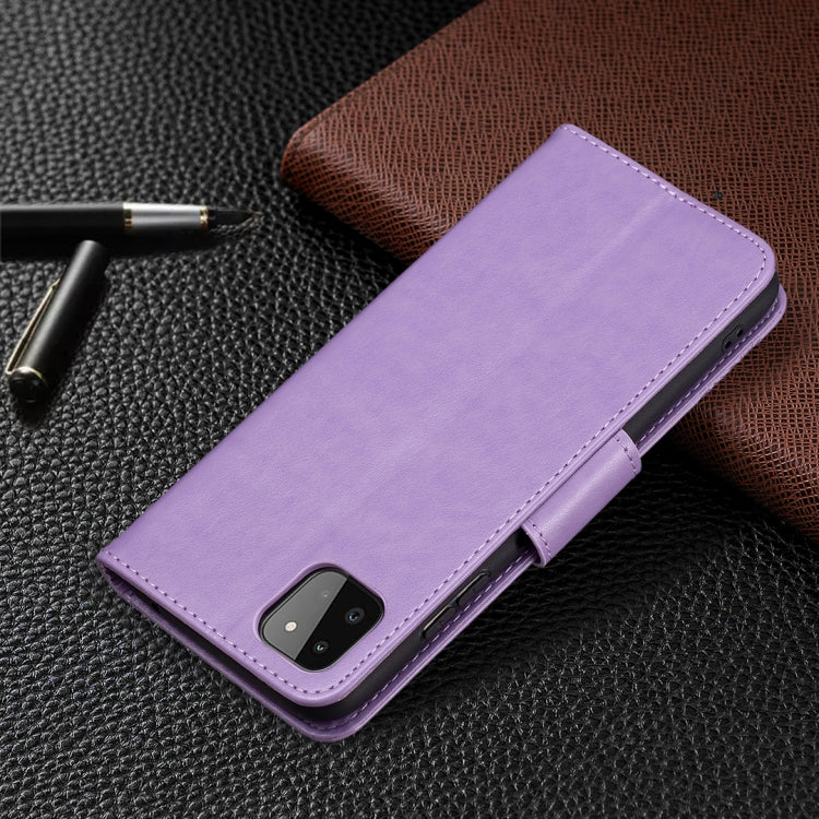 For Samsung Galaxy A22 5G Embossing Two Butterflies Pattern Horizontal Flip PU Leather Case with Holder & Card Slot & Wallet & Lanyard(Purple) by buy2fix