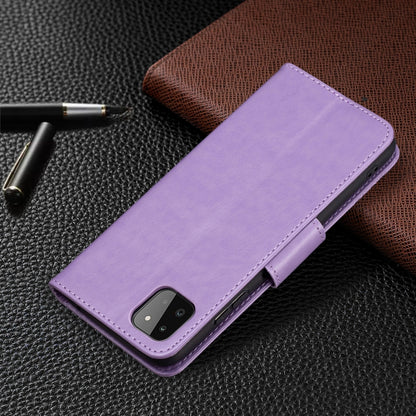 For Samsung Galaxy A22 5G Embossing Two Butterflies Pattern Horizontal Flip PU Leather Case with Holder & Card Slot & Wallet & Lanyard(Purple) by buy2fix