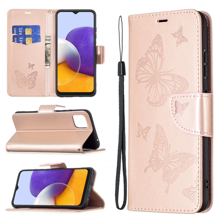 For Samsung Galaxy A22 5G Embossing Two Butterflies Pattern Horizontal Flip PU Leather Case with Holder & Card Slot & Wallet & Lanyard(Rose Gold) by buy2fix