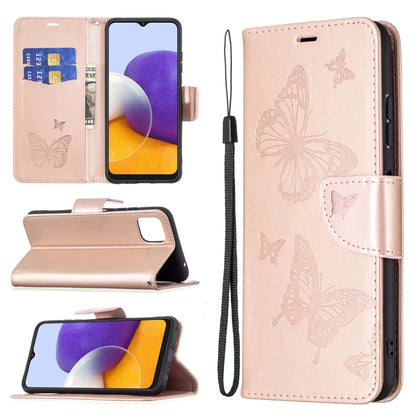 For Samsung Galaxy A22 5G Embossing Two Butterflies Pattern Horizontal Flip PU Leather Case with Holder & Card Slot & Wallet & Lanyard(Rose Gold) by buy2fix