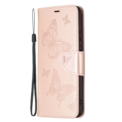 For Samsung Galaxy A22 5G Embossing Two Butterflies Pattern Horizontal Flip PU Leather Case with Holder & Card Slot & Wallet & Lanyard(Rose Gold) by buy2fix