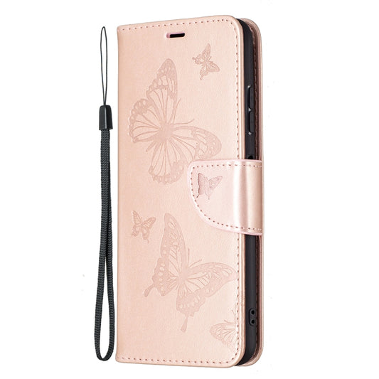 For Samsung Galaxy A22 5G Embossing Two Butterflies Pattern Horizontal Flip PU Leather Case with Holder & Card Slot & Wallet & Lanyard(Rose Gold) by buy2fix