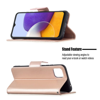 For Samsung Galaxy A22 5G Embossing Two Butterflies Pattern Horizontal Flip PU Leather Case with Holder & Card Slot & Wallet & Lanyard(Rose Gold) by buy2fix