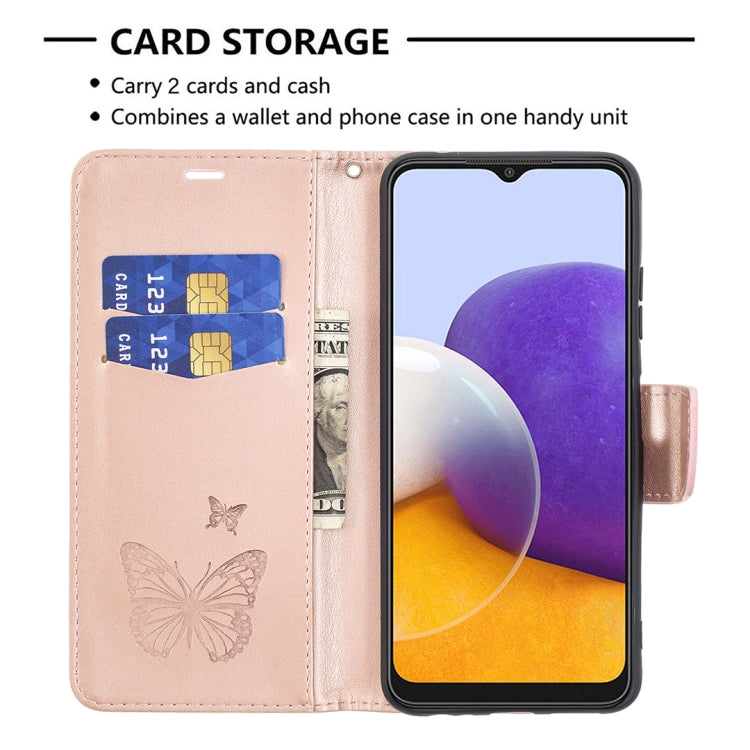 For Samsung Galaxy A22 5G Embossing Two Butterflies Pattern Horizontal Flip PU Leather Case with Holder & Card Slot & Wallet & Lanyard(Rose Gold) by buy2fix