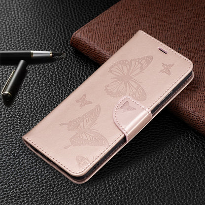 For Samsung Galaxy A22 5G Embossing Two Butterflies Pattern Horizontal Flip PU Leather Case with Holder & Card Slot & Wallet & Lanyard(Rose Gold) by buy2fix