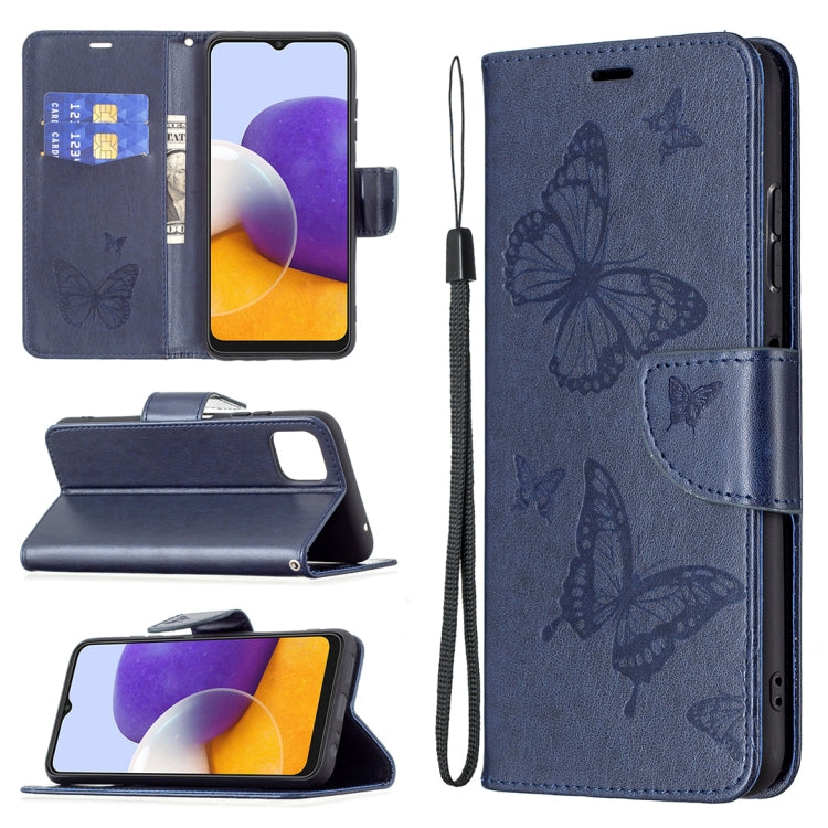 For Samsung Galaxy A22 5G Embossing Two Butterflies Pattern Horizontal Flip PU Leather Case with Holder & Card Slot & Wallet & Lanyard(Blue) by buy2fix