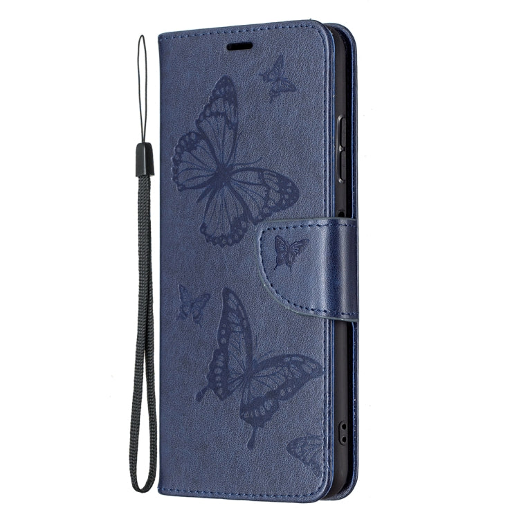 For Samsung Galaxy A22 5G Embossing Two Butterflies Pattern Horizontal Flip PU Leather Case with Holder & Card Slot & Wallet & Lanyard(Blue) by buy2fix