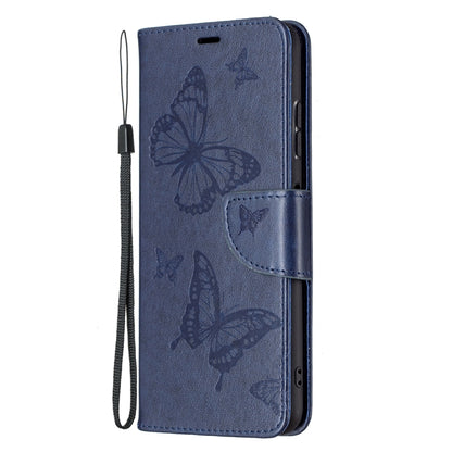 For Samsung Galaxy A22 5G Embossing Two Butterflies Pattern Horizontal Flip PU Leather Case with Holder & Card Slot & Wallet & Lanyard(Blue) by buy2fix