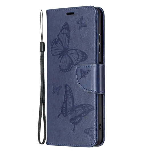 For Samsung Galaxy A22 5G Embossing Two Butterflies Pattern Horizontal Flip PU Leather Case with Holder & Card Slot & Wallet & Lanyard(Blue) by buy2fix