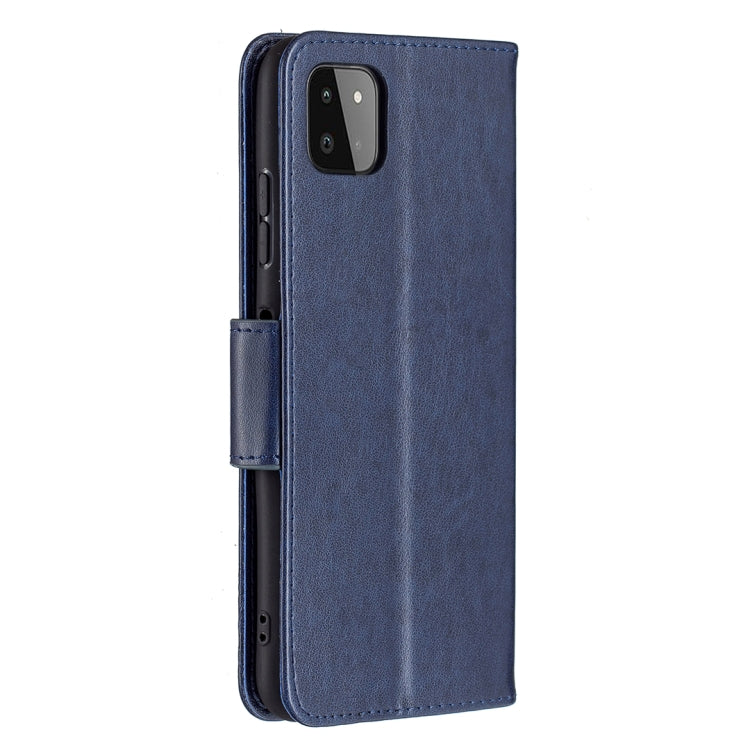 For Samsung Galaxy A22 5G Embossing Two Butterflies Pattern Horizontal Flip PU Leather Case with Holder & Card Slot & Wallet & Lanyard(Blue) by buy2fix