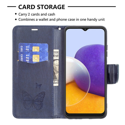 For Samsung Galaxy A22 5G Embossing Two Butterflies Pattern Horizontal Flip PU Leather Case with Holder & Card Slot & Wallet & Lanyard(Blue) by buy2fix