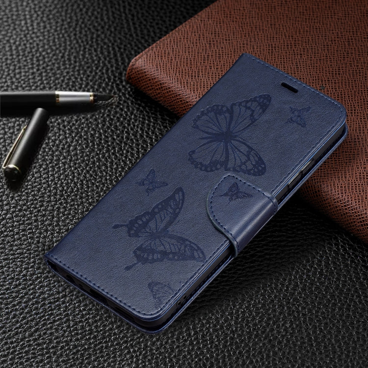For Samsung Galaxy A22 5G Embossing Two Butterflies Pattern Horizontal Flip PU Leather Case with Holder & Card Slot & Wallet & Lanyard(Blue) by buy2fix