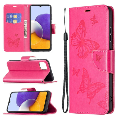 For Samsung Galaxy A22 5G Embossing Two Butterflies Pattern Horizontal Flip PU Leather Case with Holder & Card Slot & Wallet & Lanyard(Rose Red) by buy2fix