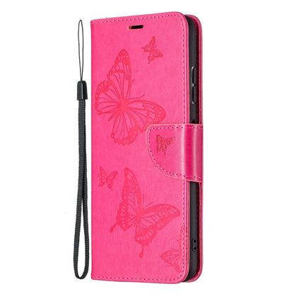 For Samsung Galaxy A22 5G Embossing Two Butterflies Pattern Horizontal Flip PU Leather Case with Holder & Card Slot & Wallet & Lanyard(Rose Red) by buy2fix