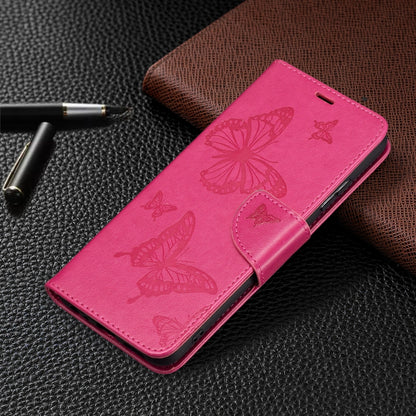 For Samsung Galaxy A22 5G Embossing Two Butterflies Pattern Horizontal Flip PU Leather Case with Holder & Card Slot & Wallet & Lanyard(Rose Red) by buy2fix