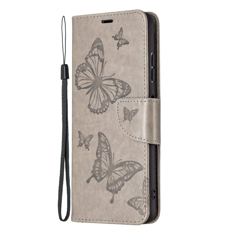 For Samsung Galaxy A22 5G Embossing Two Butterflies Pattern Horizontal Flip PU Leather Case with Holder & Card Slot & Wallet & Lanyard(Gray) by buy2fix