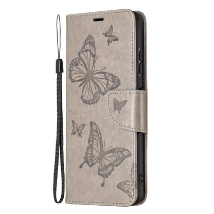 For Samsung Galaxy A22 5G Embossing Two Butterflies Pattern Horizontal Flip PU Leather Case with Holder & Card Slot & Wallet & Lanyard(Gray) by buy2fix