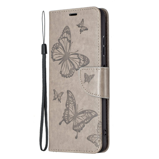 For Samsung Galaxy A22 5G Embossing Two Butterflies Pattern Horizontal Flip PU Leather Case with Holder & Card Slot & Wallet & Lanyard(Gray) by buy2fix