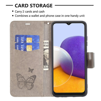 For Samsung Galaxy A22 5G Embossing Two Butterflies Pattern Horizontal Flip PU Leather Case with Holder & Card Slot & Wallet & Lanyard(Gray) by buy2fix