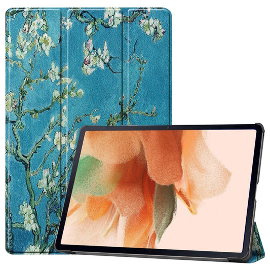 For Samsung Galaxy Tab S7 Lite T730 / T735 / Tab S7 FE T736 Custer Painted PU Leather Case with Sleep / Wake-up Function & 3-Fold Holder(Apricot Blossom) - Other Galaxy Tab PC by buy2fix | Online Shopping UK | buy2fix