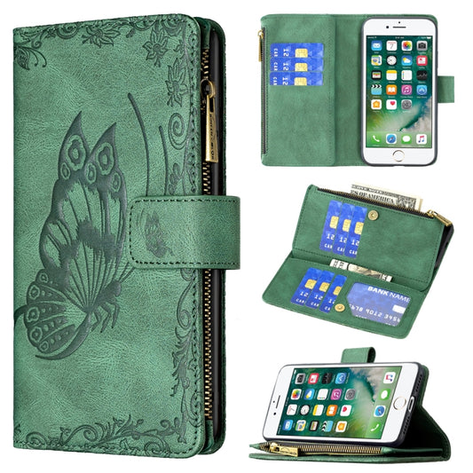For iPhone 8 / 7 Flying Butterfly Embossing Pattern Zipper Horizontal Flip Leather Case with Holder & Card Slots & Wallet(Green) - More iPhone Cases by buy2fix | Online Shopping UK | buy2fix