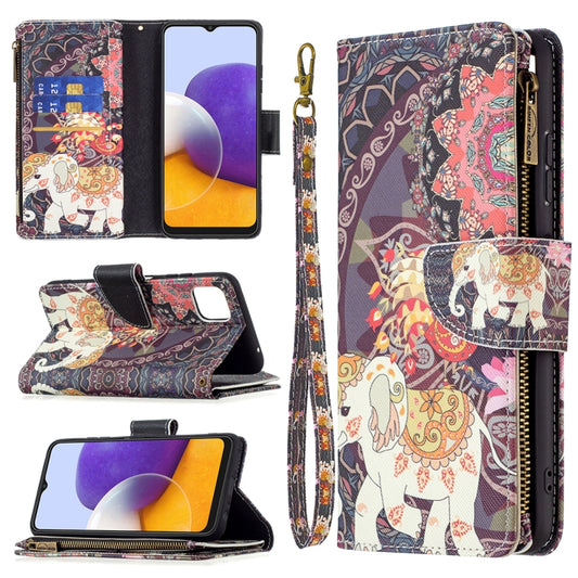 For Samsung Galaxy A22 5G Colored Drawing Pattern Zipper Horizontal Flip Leather Case with Holder & Card Slots & Wallet(Flower Elephants) by buy2fix
