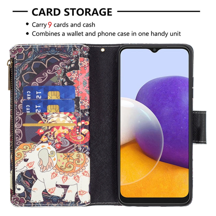 For Samsung Galaxy A22 5G Colored Drawing Pattern Zipper Horizontal Flip Leather Case with Holder & Card Slots & Wallet(Flower Elephants) by buy2fix