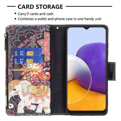 For Samsung Galaxy A22 5G Colored Drawing Pattern Zipper Horizontal Flip Leather Case with Holder & Card Slots & Wallet(Flower Elephants) by buy2fix