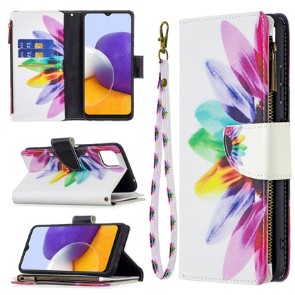 For Samsung Galaxy A22 5G Colored Drawing Pattern Zipper Horizontal Flip Leather Case with Holder & Card Slots & Wallet(Sun Flower) by buy2fix