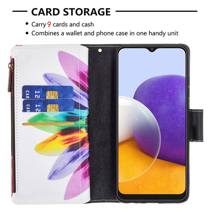 For Samsung Galaxy A22 5G Colored Drawing Pattern Zipper Horizontal Flip Leather Case with Holder & Card Slots & Wallet(Sun Flower) by buy2fix