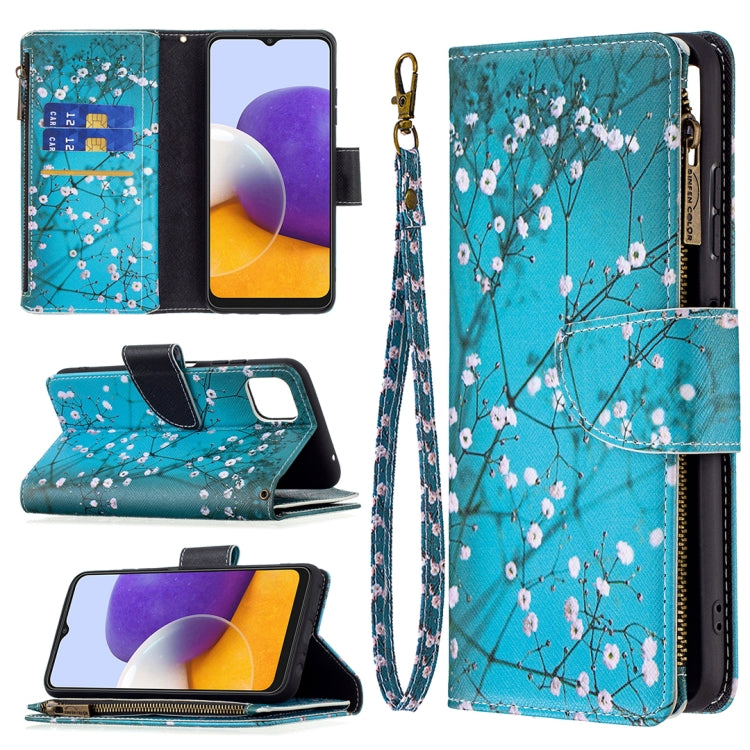 For Samsung Galaxy A22 5G Colored Drawing Pattern Zipper Horizontal Flip Leather Case with Holder & Card Slots & Wallet(Plum Blossom) by buy2fix