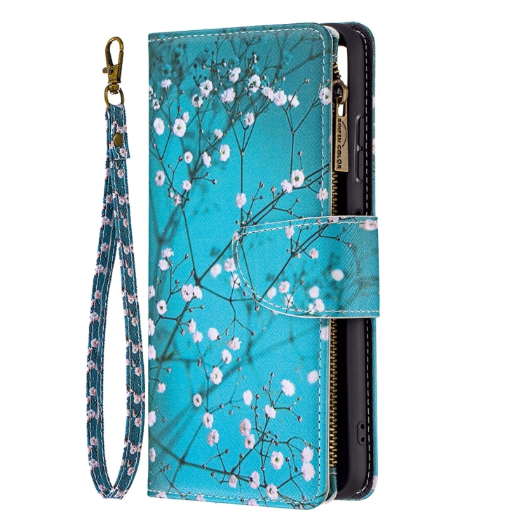 For Samsung Galaxy A22 5G Colored Drawing Pattern Zipper Horizontal Flip Leather Case with Holder & Card Slots & Wallet(Plum Blossom) by buy2fix