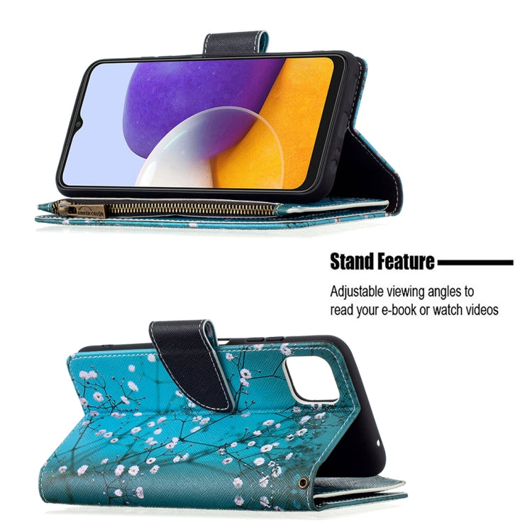 For Samsung Galaxy A22 5G Colored Drawing Pattern Zipper Horizontal Flip Leather Case with Holder & Card Slots & Wallet(Plum Blossom) by buy2fix