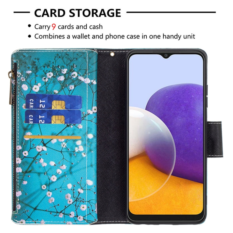 For Samsung Galaxy A22 5G Colored Drawing Pattern Zipper Horizontal Flip Leather Case with Holder & Card Slots & Wallet(Plum Blossom) by buy2fix